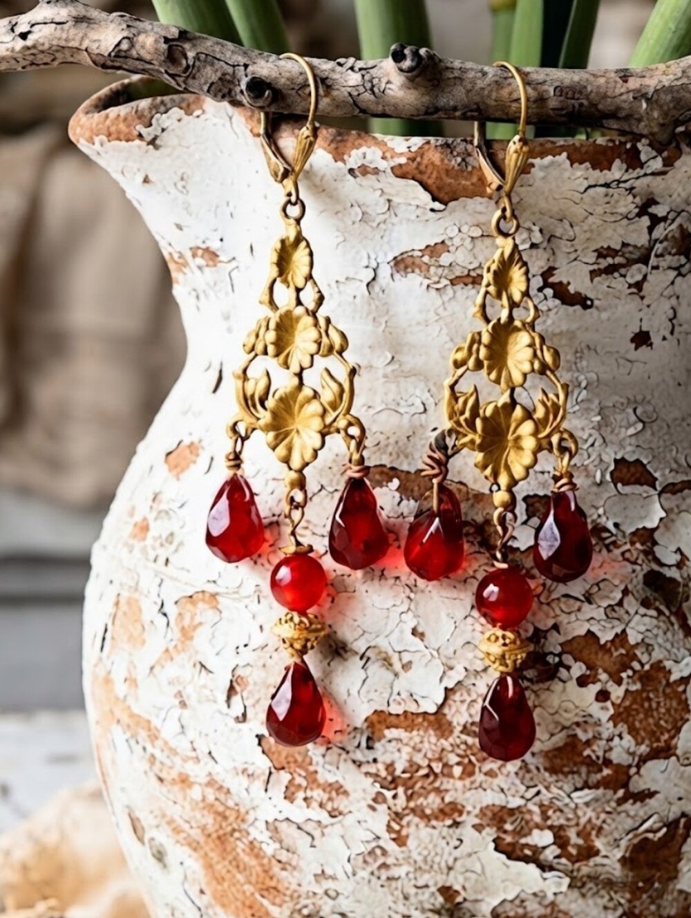 Victorian Natural Carnelian In Opulent Artisan Chandelier Gold Plated Earrings